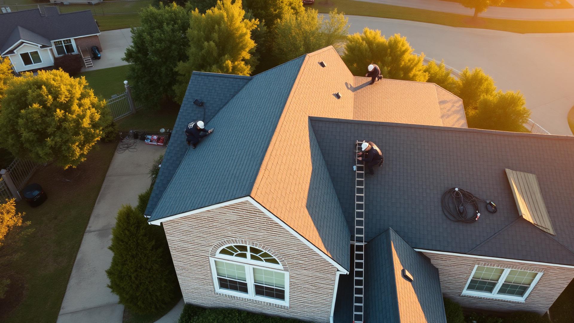 Residential roof after storm requiring emergency repair