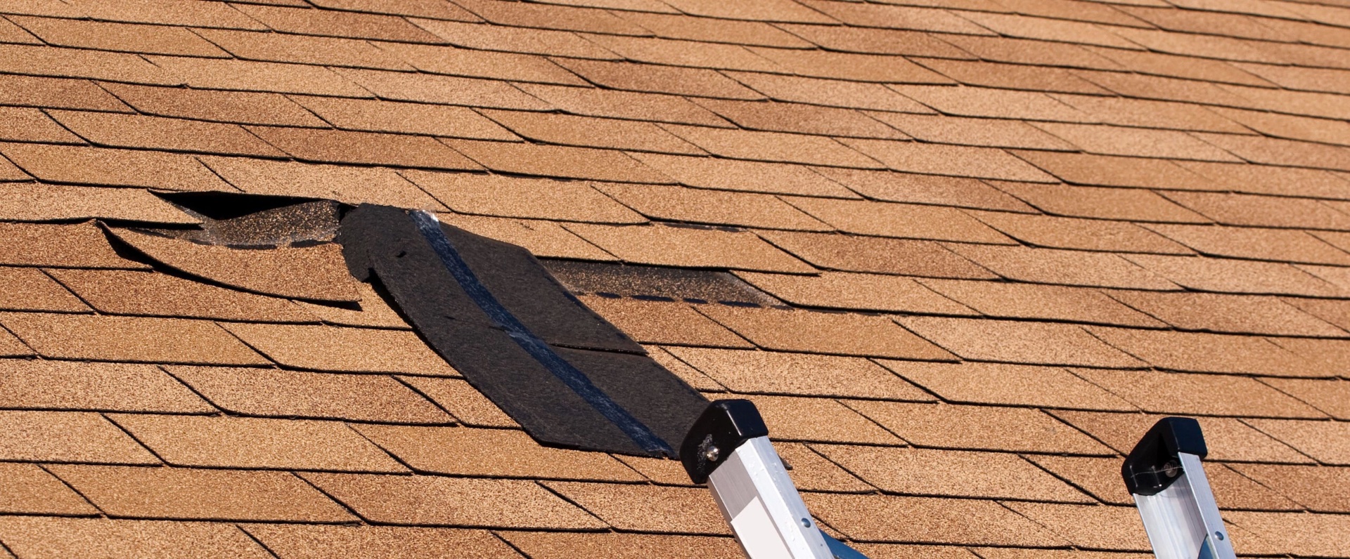 Damaged asphalt shingles with roofing ladder ready for repair
