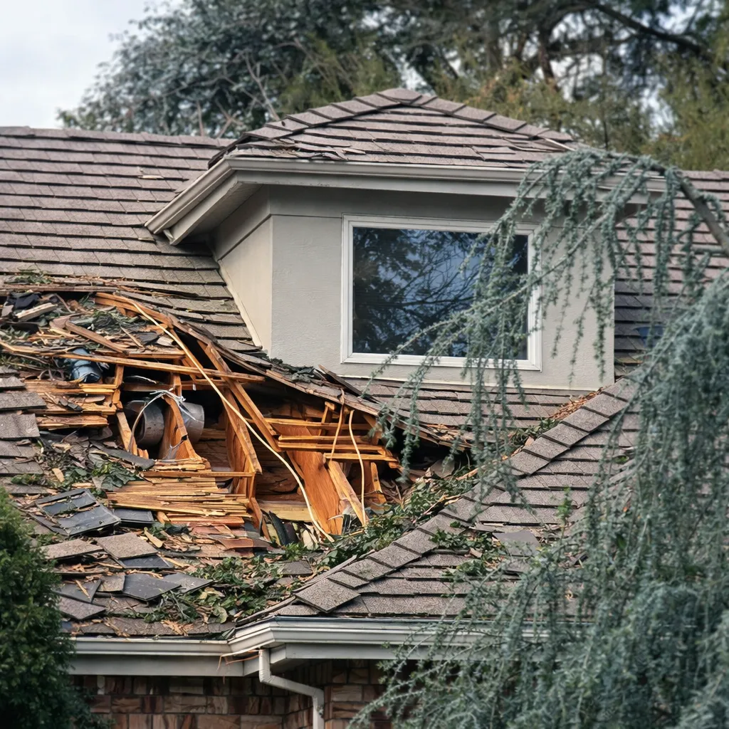 Residential roof with severe storm damage and fallen tree debris